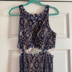Navy lace formal gown w/ beaded waist & neck line